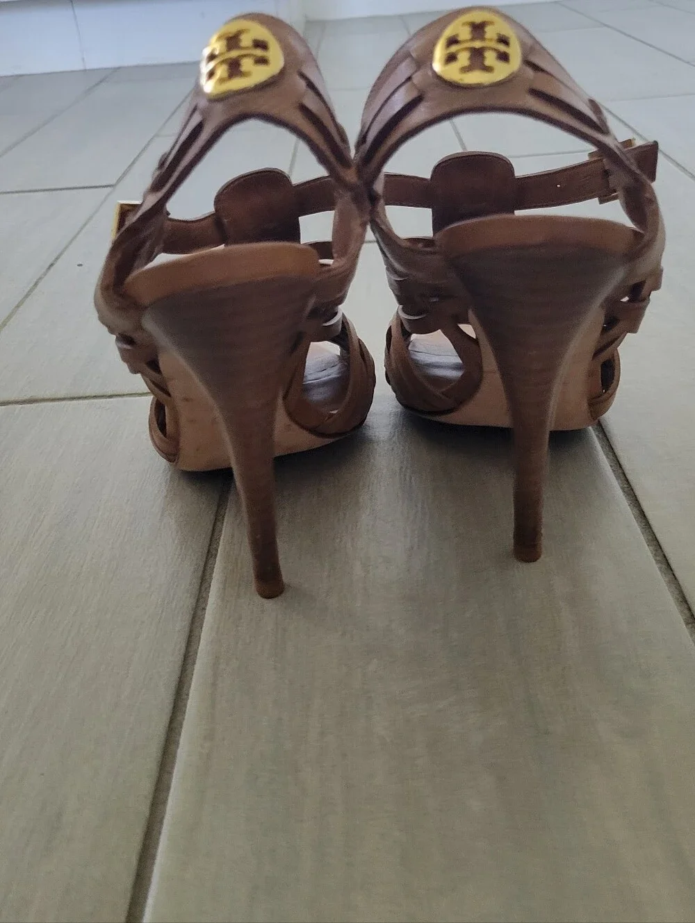 Tory Burch Tan Leather Logo High Heel Sandals with Gold Emblem Size 8